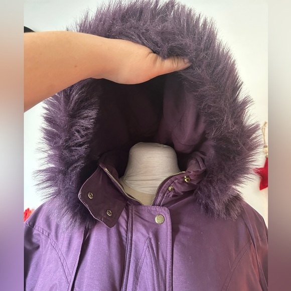 Vintage Women's Sequence Purple Faux Fur Hooded Jacket Coat L XL - Picture 8 of 9
